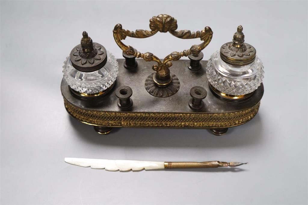 A 19th century French bronze and cut glass inkstand, length 19cm
